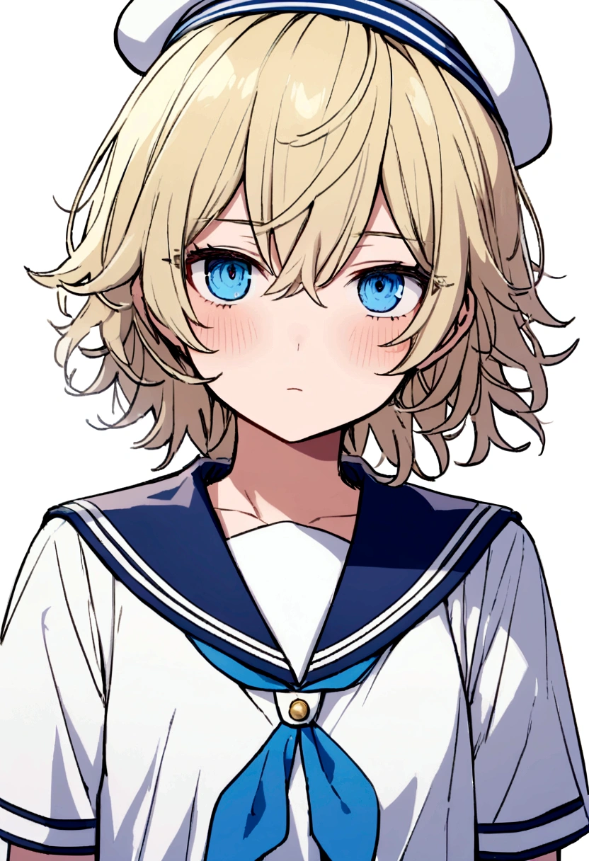Blonde, frizzy hair wolf cut. Shota, sailor suit, sailor hat, blue eyes, tomboy,
 Naughty naughty