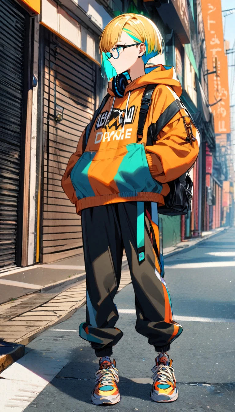 1girl, boyish, facial profile, wearing glasses, aqua eyes, blond hair, short hair, colorful inner hair, headphone, hoodie, long pants, sneakers, street