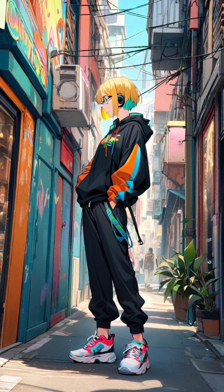1girl, boyish, facial profile, wearing glasses, aqua eyes, blond hair, short hair, colorful inner hair, headphone, hoodie, long pants, sneakers, street