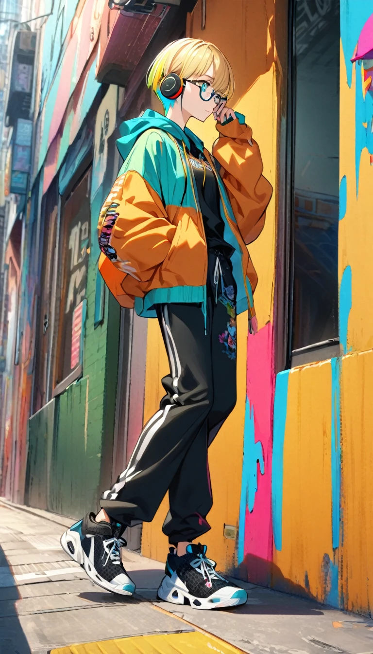1girl, boyish, facial profile, wearing glasses, aqua eyes, blond hair, short hair, colorful inner hair, headphone, hoodie, long pants, sneakers, street