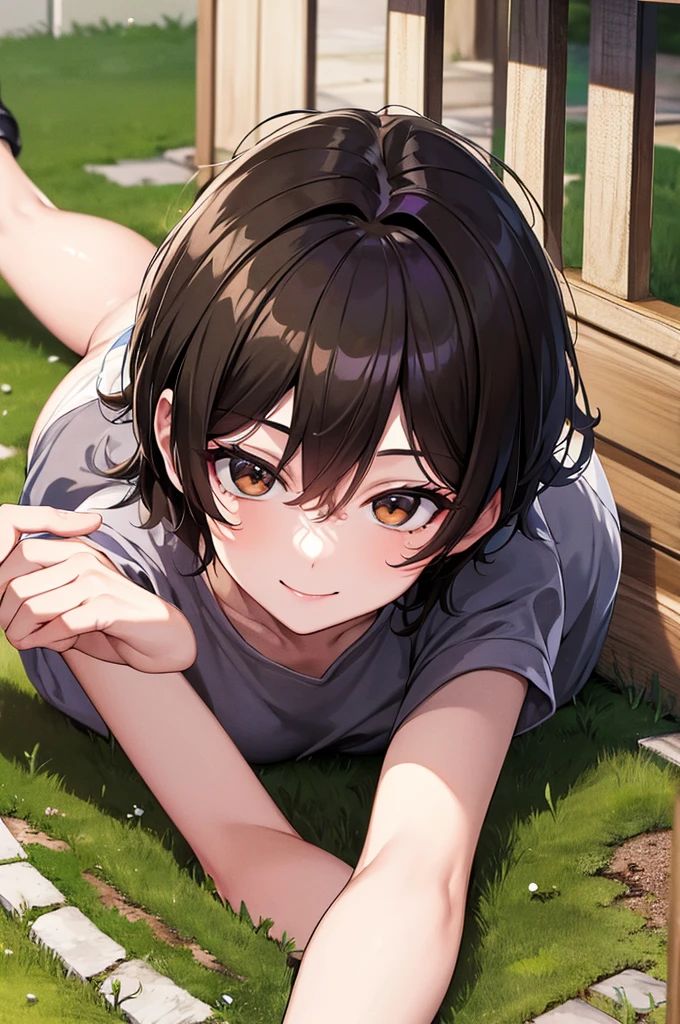 masterpiece, best quality, masterpiece, best quality, masterpiece, best quality, masterpiece, best quality, high quality,high detail, ultra detail, Uhd, 4k,4280x2240, depth field, (hdr:1.9), correct anatomy, a boy masculine with short hair black hair abundant brown eyes rear_shaped-heart_wide_and_long wide_hips with complete spring outfit smile