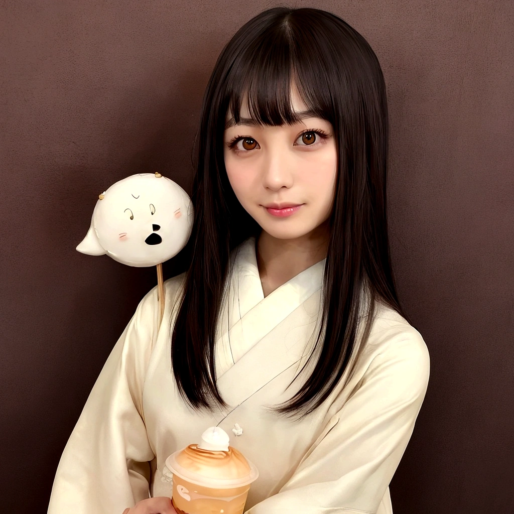 solo, Japanese woman, H cup, cute, erotic, model's expression, Starbucks clerk, black straight hair, straight bangs, oval face, large round dark eyes, small well-shaped nose, small full lips, warm smile, thin neat eyebrows, clean and approachable aura,