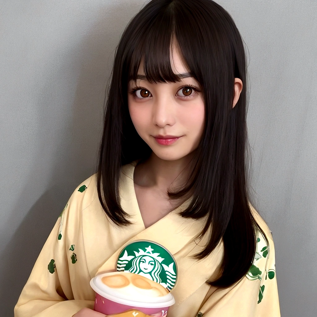 solo, Japanese woman, H cup, cute, erotic, model's expression, Starbucks clerk, black straight hair, straight bangs, oval face, large round dark eyes, small well-shaped nose, small full lips, warm smile, thin neat eyebrows, clean and approachable aura,