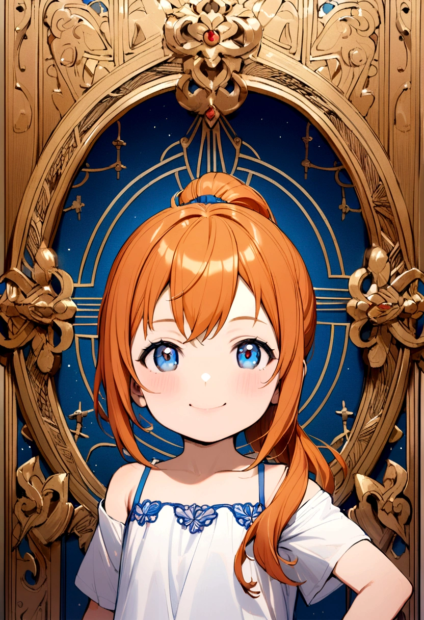 6 year old girl, orange hair, shoulder length ponytail, pink clip, dark blue eyes, blue spaghetti strap dress, white t-shirt inside. smiling