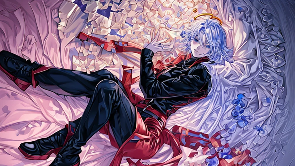 anime model of a boy beautiful like flowers with his bright blue eyes and beautiful like diamonds, hair blue like the sea, and his face carved by the angels themselves and he wears a black leather jacket, along with jeans and pure black leather shoes.