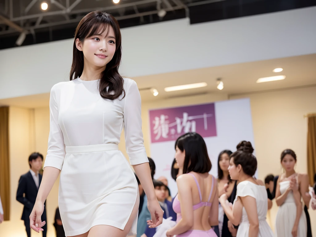 A live-action photo of an extremely beautiful Japanese high school girl race queen who highlights her large breasts and beautiful legs.、Photographed walking down the runway at a fashion show wearing the latest oysho lingerie.、She is an eternal idol who combines a clean look with modern charm.。 She creates such beauty。 She feels her own warmth。 She creates a warm atmosphere。 We create beauty。 That's what I want to say。 In her full body photo、The figure features porcelain-like skin and golden hair that radiates a soft glow.。 This is probably、It captured the essence of her timeless charm.、This is the best shot ever.。 Each straight line and curve is carefully expressed.、Breathtakingly beautiful with impeccable detail。 This piece perfectly captures her timeless beauty.。 Divine Proportions、Sharp focus、Full-body photo taken by Kishin Shinoyama、high quality、High resolution、Detailed Background