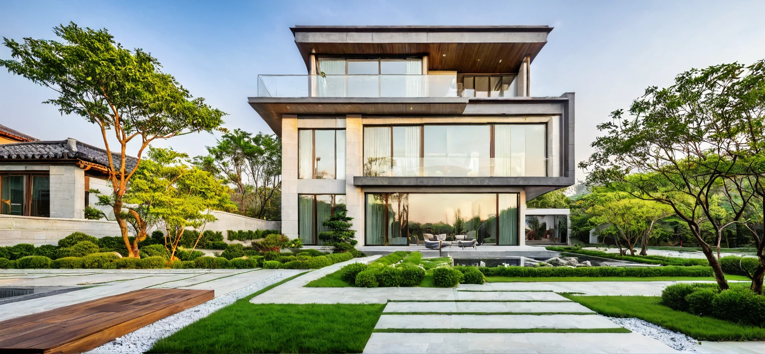 qlcd,tingyuan, photo of modern villa, grassland, garden, shrubs and trees, rock decoration, clear sky, sun light, realistic photo