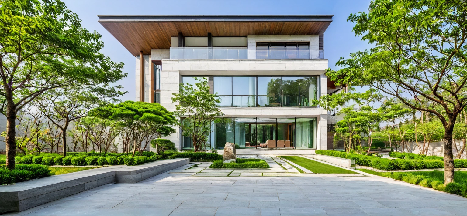 qlcd,tingyuan, photo of modern villa, grassland, garden, shrubs and trees, rock decoration, clear sky, sun light, realistic photo
