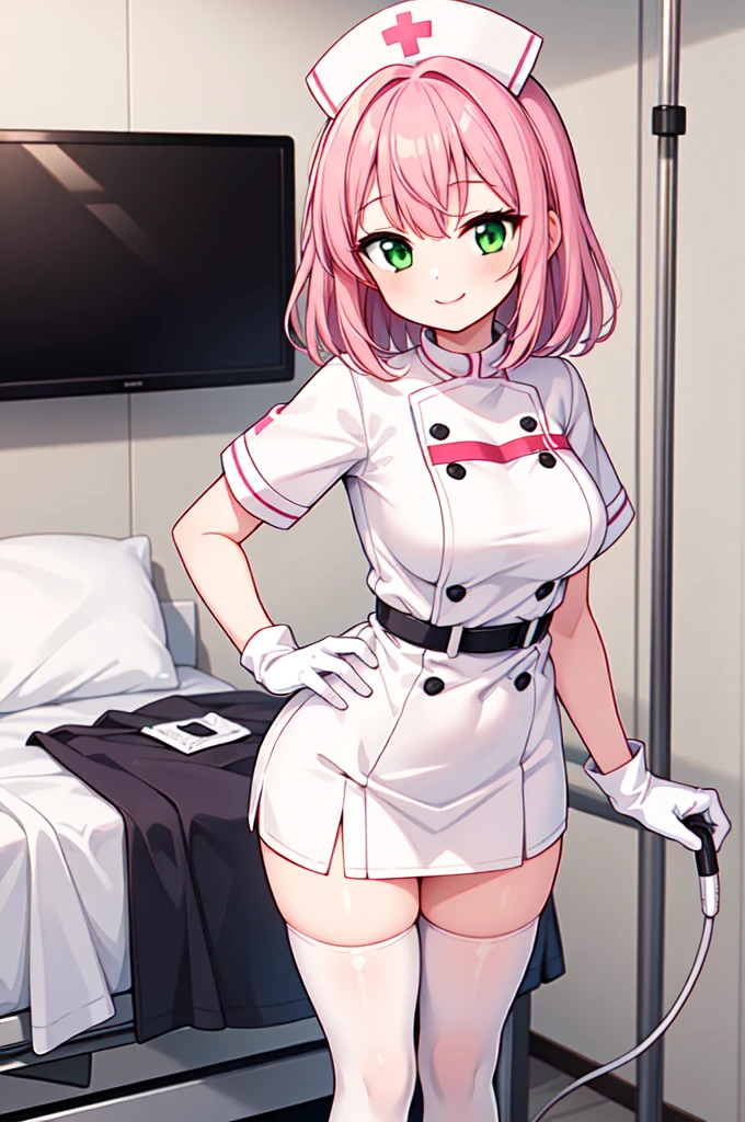 1girl, solo, nurse, white nurse cap, white nurse uniform, ((white legwear, zettai ryouiki)), white gloves, pink hair, green eyes, drooping eyes, smile, standing, ((hospital room)), sharp outline, short sleeves, best quality, masterpiece