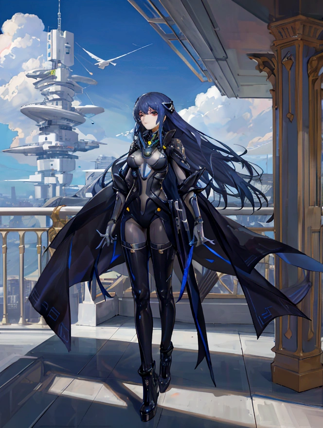 Cars floating in a futuristic city A girl is on the balcony looking at a futuristic city The balcony faces the front