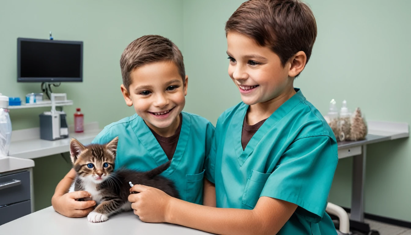 A boy is taking a kitten to a veterinary hospital for a health check. Veterinarian is examining a kitten and smiling.