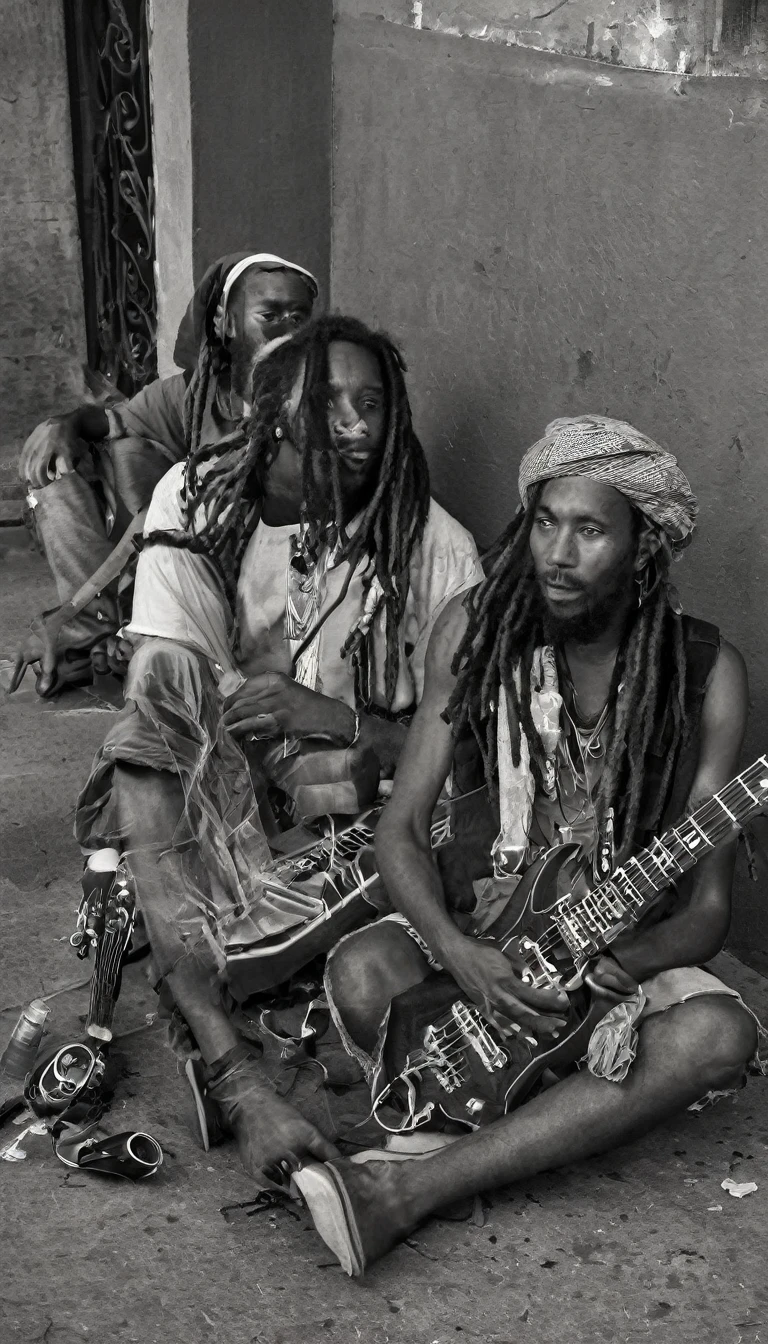 Jamaican Reggae band members are relaxing outside of a concert hall, having a break time near a parking lot. Guitar. Saxophone. Drinking and smoking. Rasta style. Dreadlocks. Bandana. Black and white with natural lighting.