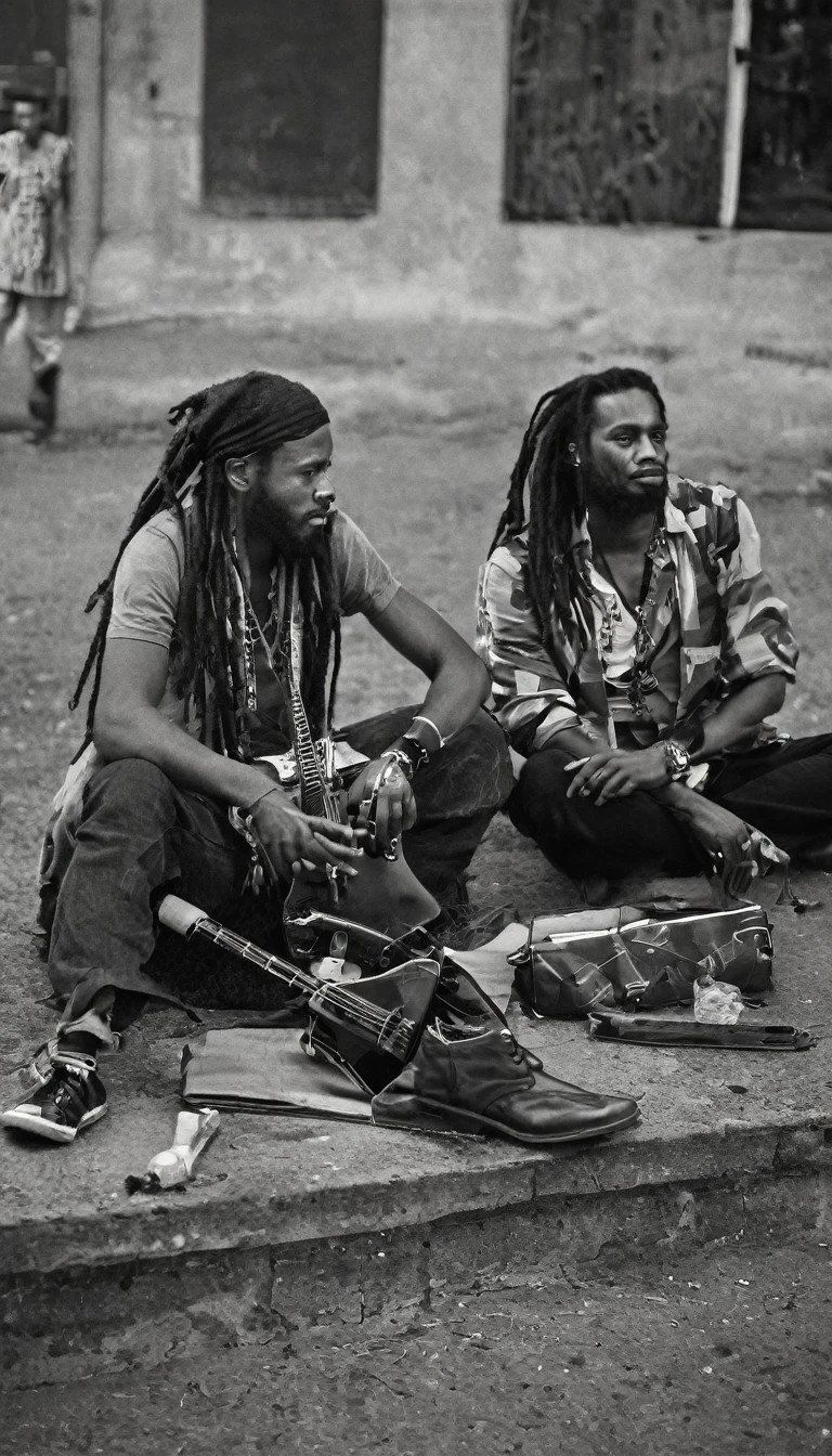 Jamaican Reggae band members are relaxing outside of a concert hall, having a break time near a parking lot. Guitar. Saxophone. Drinking and smoking. Rasta style. Dreadlocks. Bandana. Black and white with natural lighting.