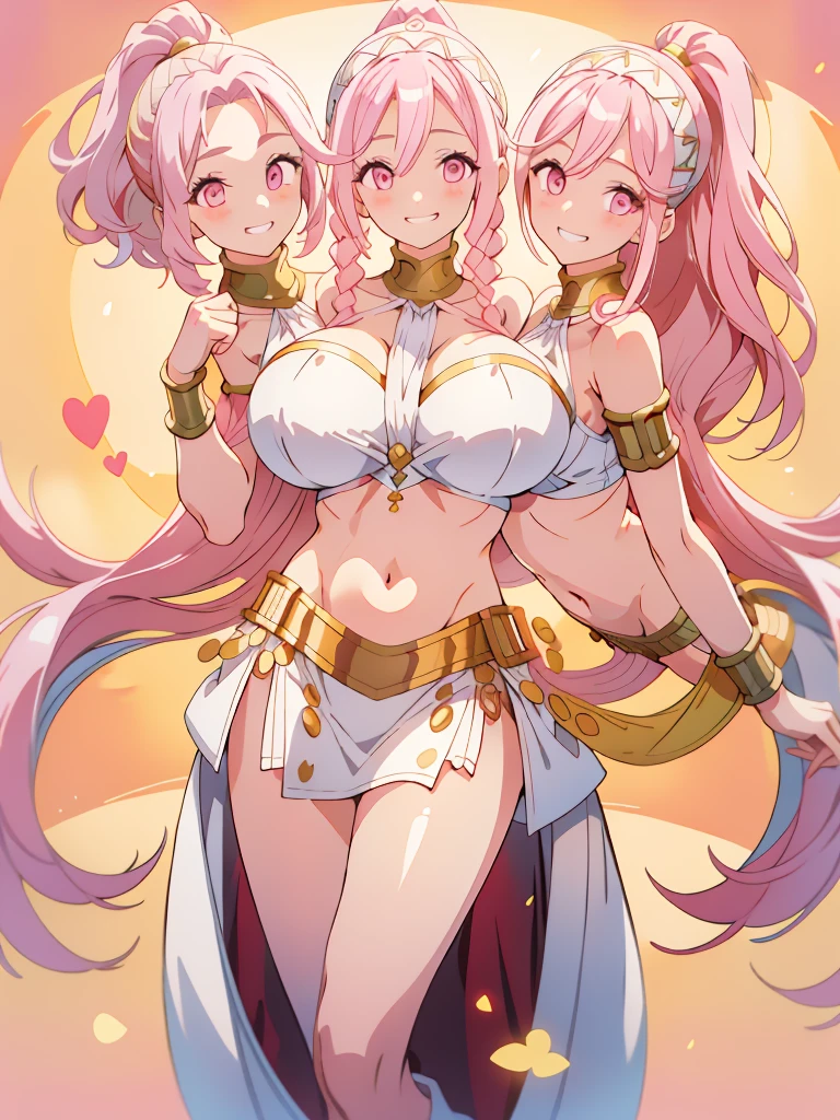 (masterpiece, best quality), best resolution, (3heads:1.5), 1girl, pink hair, long flowing hair, smiling, grinning, open belly, white crop top, white miniskirt, open breasts, huge tits, curls, sexy pose, ponytail, golden headband, 
