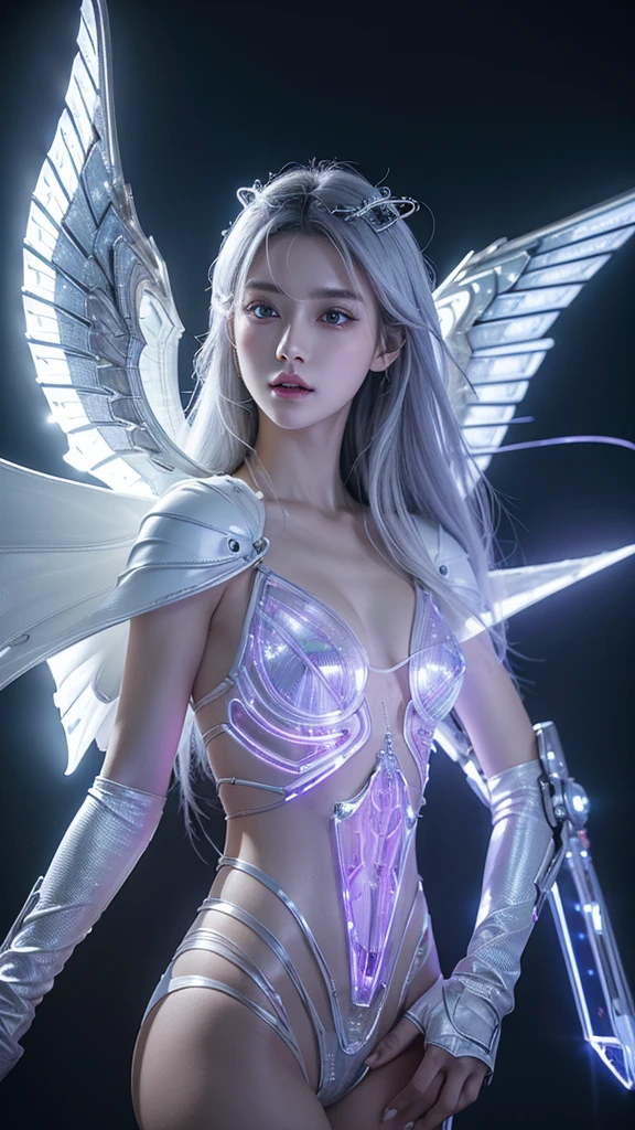 top quality、​Masterpiece、ultra high resolution、(Realism:1.4)、original photo、battle angel、large wings made of metal、White porcelain body、Acrylic transparent cover、white hair、shiny skin、1 robot girl、((Super realistic details))、Potrat、global illumination、shadow、octane rendering、8k、Super sharp、character rim light,huge 、Bare raw skin at cleavage、Intricate jewelry details、Double Z Gundam details、Hydraulic cylinder、small LED light、Highly intricate details、realistic light、purple eyes、radiant eyes、face camera、Neon details、cowboy shooting、futuristic headwear、About cyberpunk、、
