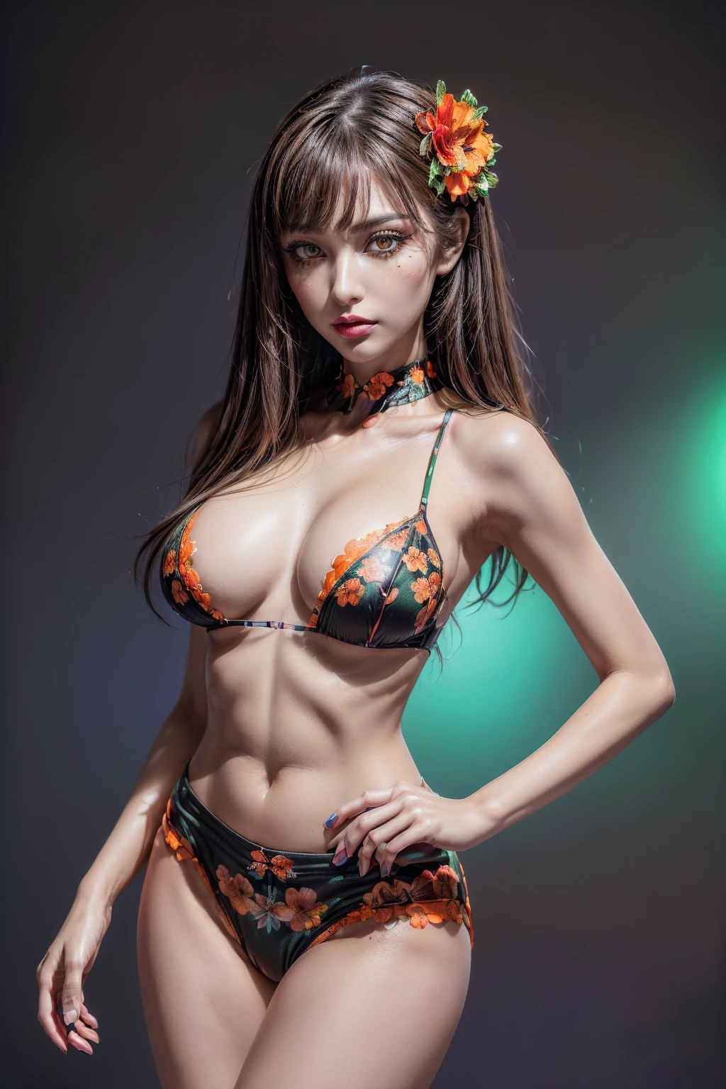 ((portrait of a girl in the ultraviolet backlighting on her:1.24)), (1girl: 1.3, 22 years), ((perfect hands:1.2)), ((perfect female body:1.4)), cute girl, ((super fluorescent colourful and extremely intricately detailed photo of Hyperrealistic art Wonderful, intricate (ultra resolution fluorescent colorful))), photorealistic Realism 32K Quality, fashion supermodel, (Glamour, paparazzi taking pictures of her), (beautiful slim and sharp face), ((ultra absurd details of realistic , perfectly round brown eyes: 1.3 in Ultra absurd quality and resolution)), (Ultra sharp eyes, clear absurd quality, not blurry), ((fine detailed pupils: 1.4)), pink_makeup:1.2, blue_eyeliner, red_lipstick:1.4,(perfect dark_eyeshadows), (Detailed nose:1.2), Intricate detail face, (perfect composition), ((orange, green, black, red flower clusters: 1.44)), ((fluorescent flower clusters printed on her skin: 1.35)), ((A model shows off glowing body paint covering her private parts in a vivid artistic display)), ((Beautiful girl with long legs and good style:1.2)), ((firm and full breasts:1.3)), (dynamic pose:1.25),((no_Pantise)),(Erotic:1.33), (((cowboy shot:1.3))),