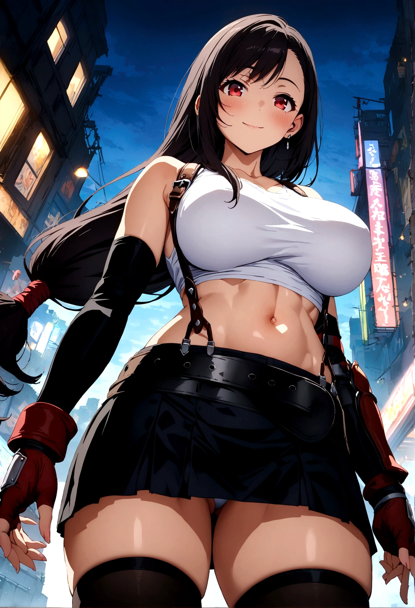 score_9, score_8_up, score_7_up,4k, ,BREAK , from below,from below,breast focus:1.3,below view.standing,straight-on,(,),,(upperbody:1.3),looking_at_viewer ,1girl, tifa lockhart, final fantasy, tareme,black hair, low-tied long hair, red eyes, bangs, white tank top, belt, pleated skirt, thighhighs, elbow fingerless gloves, elbow pads, midriff, navel,suspender skirt ,large_breasts,(light smile),Curvy waist ,Solo,,(midnight and beachside and city),Toned,,detailed skin,(best quality),(aesthetic,very aesthetic),masterpiece, highres,4k,(ultra-detailed:1.4) (illustration:0.4), (ray tracing,:0.7),(anime colored:0.7),(ai-generated:0.5), (anime screencap:0.8),megami magazine,