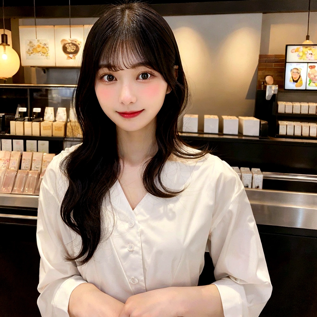 solo, Japanese woman, H cup, cute, erotic, model's expression, Starbucks clerk, black straight hair, straight bangs, oval face, large round dark eyes, small well-shaped nose, small full lips, warm smile, thin neat eyebrows, clean and approachable aura,
