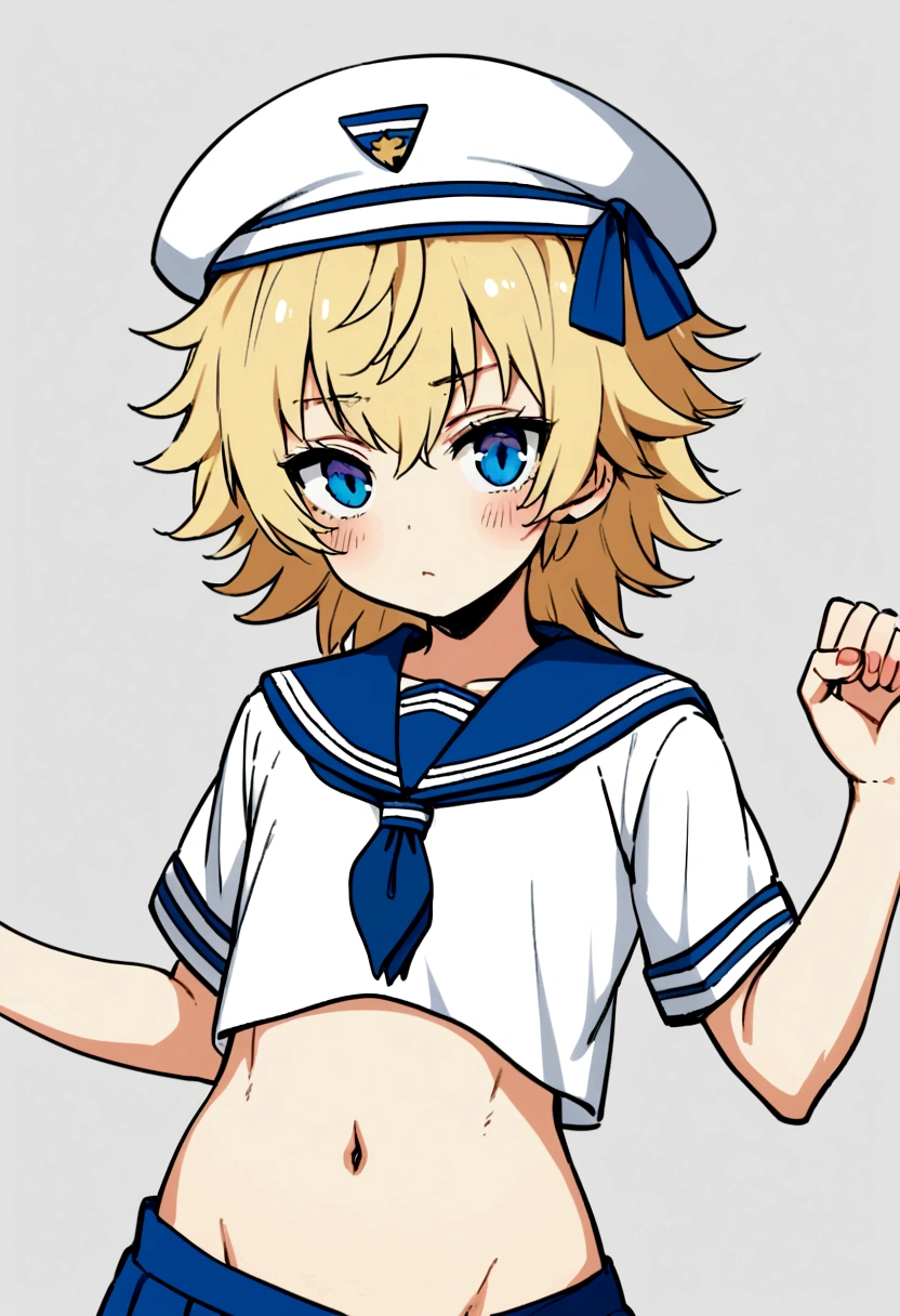 Blonde, frizzy hair wolf cut. Shota, sailor suit, sailor hat, blue eyes, tomboy, Naughty whole