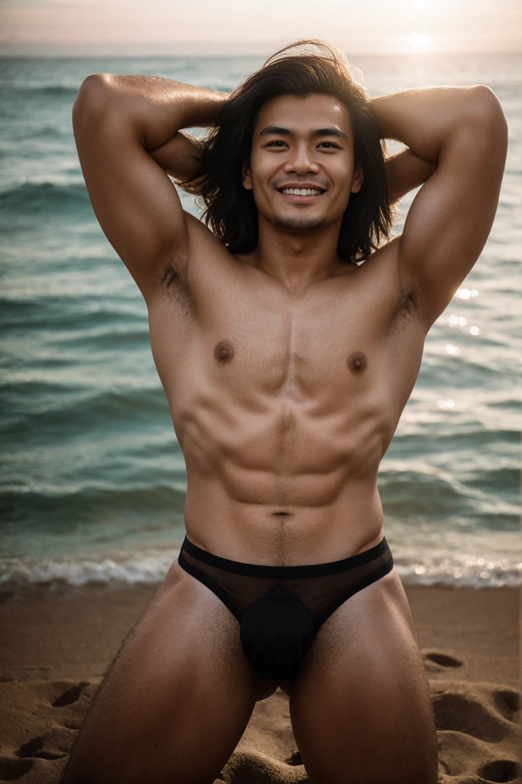 Realistic photography, 8k , handsome young muscular chinese man, wearing no shirt , wearing only black thong, huge bulge, beach,(Best quality, 8k, Masterpiece).,Smiling face, good mood.highest detail, superior quality, natural lighting, beautiful, sexy, correct anatomy, good composition,realistic shapes, realistic skin tones,Natural eyes,realistic eyes,looking up at viewer,vpl,realistic muscles,Realistic wrinkles on the skin,Realistic arms and legs,Realistic face,realistic hair,Make a sexy and seductive face, man focus,amazing composition, front view, HDR, volumetric lighting, ultra quality, elegant,Post a erotic photoshoot,Realistic pose,detailed hair,full body,Fujifilm XT3 photorealistic art by midjourney