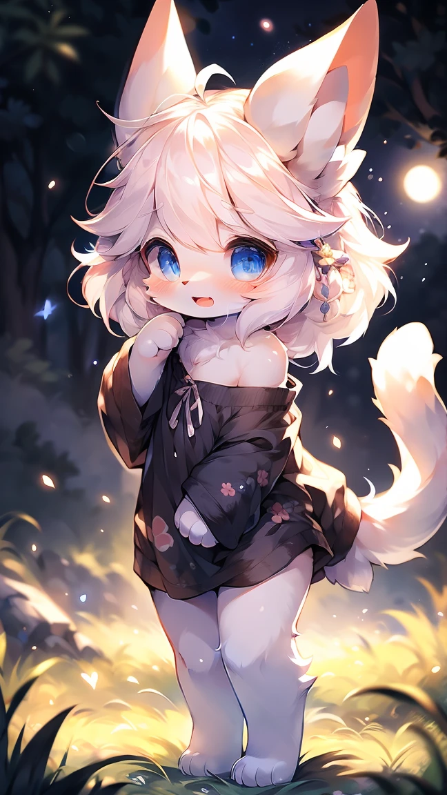  Extremely detailed, beautiful, Fair, masterpiece, best quality, Calming color palette, Peace of mind,White，White绒毛，Fluffy white ears and tail， blush，HD Wallpapers，16k resolution, Deep blue eyes，Like the eyes of the galaxy，hairy尾巴，粉色Cat耳朵，Plush body，paw,hairy,浑身hairy，Long legs，blush，Open your mouth，Loose clothing，Off-shoulder，White毛发，grassland，moonlight，Cat，like，charming，Long legs，cute，Being touched on the head