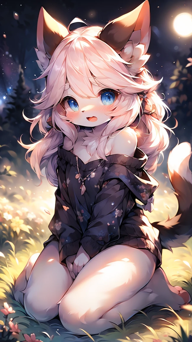 Extremely detailed, beautiful, Fair, masterpiece, best quality, Calming color palette, Peace of mind,White,White绒毛,Fluffy white ears and tail, blush,HD Wallpapers,16k resolution, Deep blue eyes,Like the eyes of the galaxy,hairy尾巴,粉色Cat耳朵,Plush body,paw,hairy,浑身hairy,Long legs,blush,Open your mouth,Loose clothing,Off-shoulder,White毛发,grassland,moonlight,Cat,like,charming,Long legs,cute,Being touched on the head