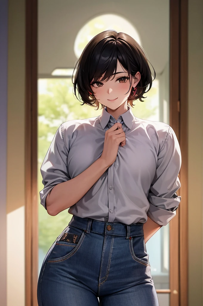 masterpiece, best quality, masterpiece, best quality, masterpiece, best quality, masterpiece, best quality, high quality,high detail, ultra detail, Uhd, 4k,4280x2240, depth field, (hdr:1.9), correct anatomy, a boy masculine with short hair black hair abundant brown eyes rear_shaped-heart_wide_and_long wide_hips with complete spring outfit smile



