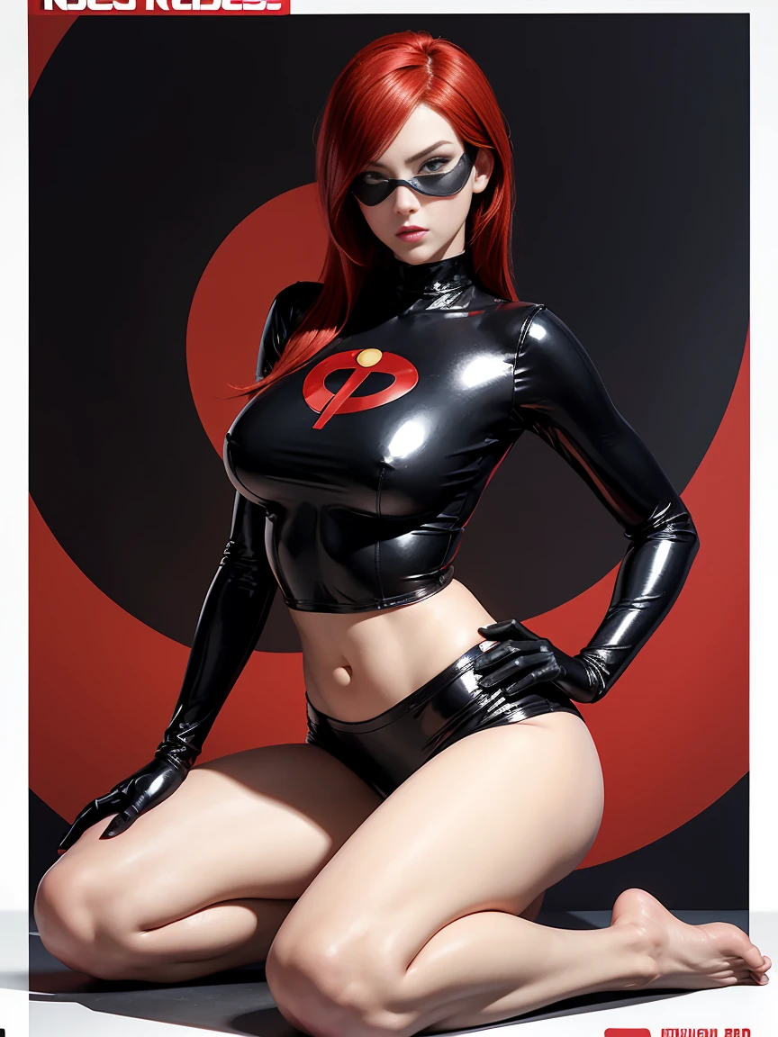 Elastigirl from the movie the incredibles, with her bright red hair and her black eye mask with her logo on her blouse she wears shiny black underwear,with big breasts and very big hips profile image in a very sensual and determined kneeling pose, on a very shiny plastic ball high resolution image