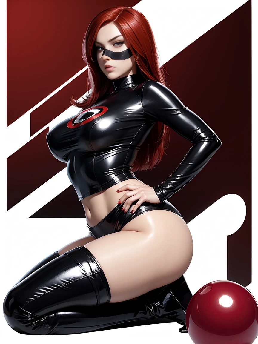 Elastigirl from the movie the incredibles, with her bright red hair and her black eye mask with her logo on her blouse she wears shiny black underwear,with big breasts and very big hips profile image in a very sensual and determined kneeling pose, on a very shiny plastic ball high resolution image