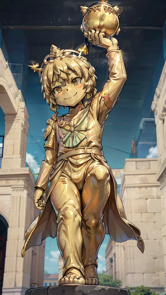王子的Gold statue，Prince style，Prince costume，宫廷Dress，Gold statue，男孩的Gold statue，带着黄金冠冕的Gold statue，脚边停着一只燕子的Gold statue，Golden Boy Statue，Gold statue，Dress，Dress，西式宫廷男士Dress，Cute boy，British style，Victorian style，crown，crown，Golden Boy Sculpture，Golden Boy Statue，Gold statue，佩剑的Gold statue，腰带上挂着配剑的Gold statue，Giant golden statue，Giant golden statue，Outdoor Background，Smiling statue，