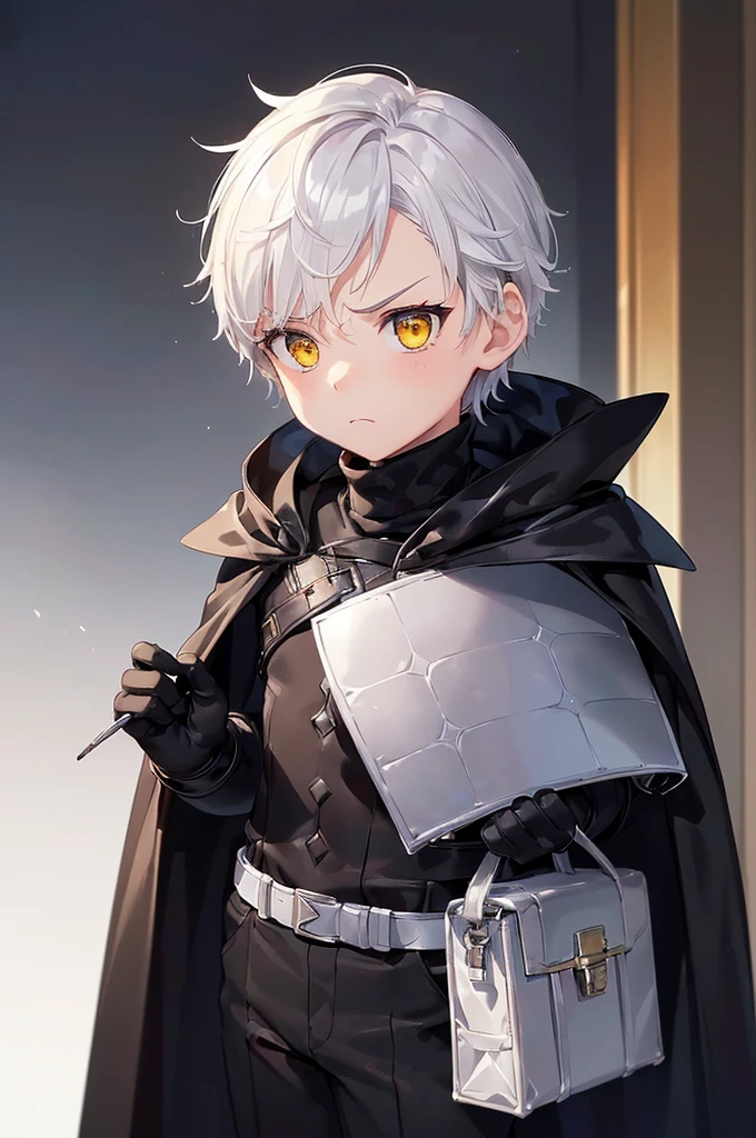 (masterpiece; best quality: 1.2), (finely detailed eyes: 1.3), ((1 male ???)), ((solo)), (yellow eyes: 1.4), (adorable; short, serious: 1.3), (short white hair: 1.3), (beautiful and clear background: 1.2), ((depth of field)), (clothes: silver armor + black turtleneck + black pants + black cape + black gloves + brown bag on side: 1.3), (anime illustration: 1.2), (background; royal garden exterior+ day: 1.1), (extremely fine and handsome: 1.1), (shot composition; standing + close-up: 1.5), (expression; calm, frown: 1.2)