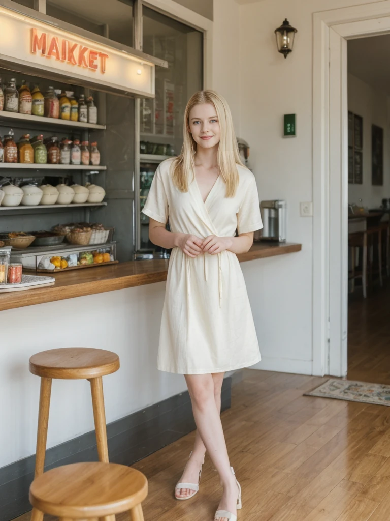 her name is Marie, high quality, 1girl, ((20-year-old fit Caucasian woman)), ((20 years old)), ((fit)), ((pale skin tone)), medium length straight blonde hair , wearing Pastel Lavender Linen Wrap Dress, pose: standing, background: Write about the nostalgic feel of a vintage diner, with neon signs, vinyl booths, and a counter lined with stools, where locals gather for hearty breakfasts and milkshakes.