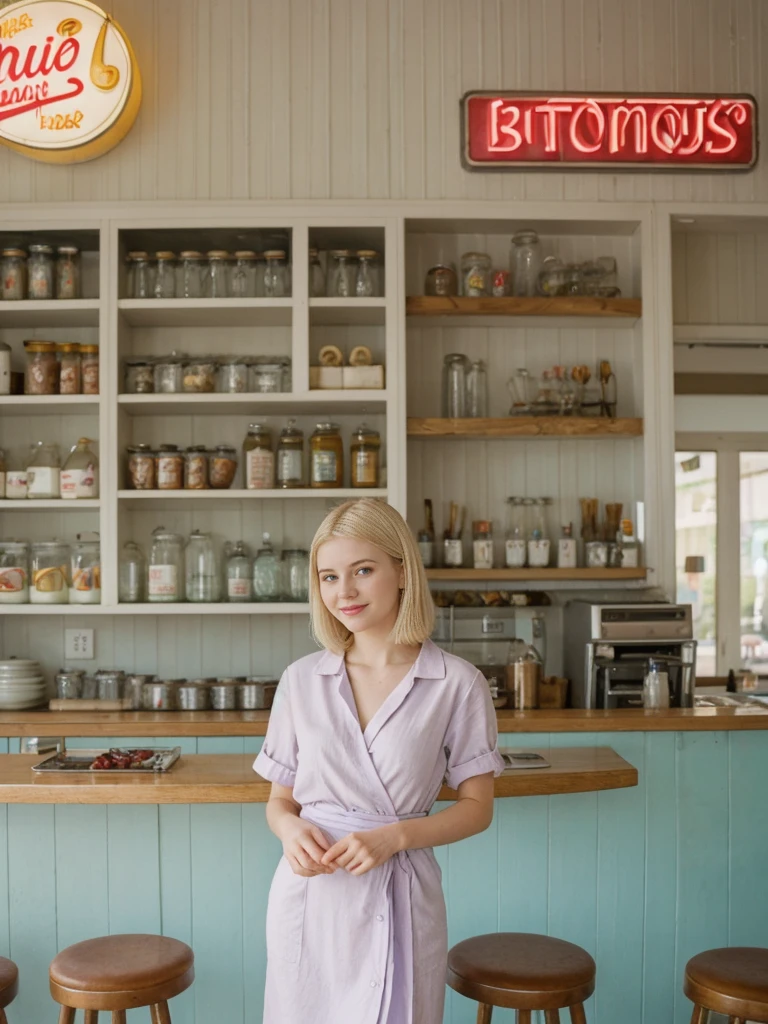 her name is Marie, high quality, 1girl, ((20-year-old fit Caucasian woman)), ((20 years old)), ((fit)), ((pale skin tone)), medium length straight blonde hair , wearing Pastel Lavender Linen Wrap Dress, pose: standing, background: Write about the nostalgic feel of a vintage diner, with neon signs, vinyl booths, and a counter lined with stools, where locals gather for hearty breakfasts and milkshakes.