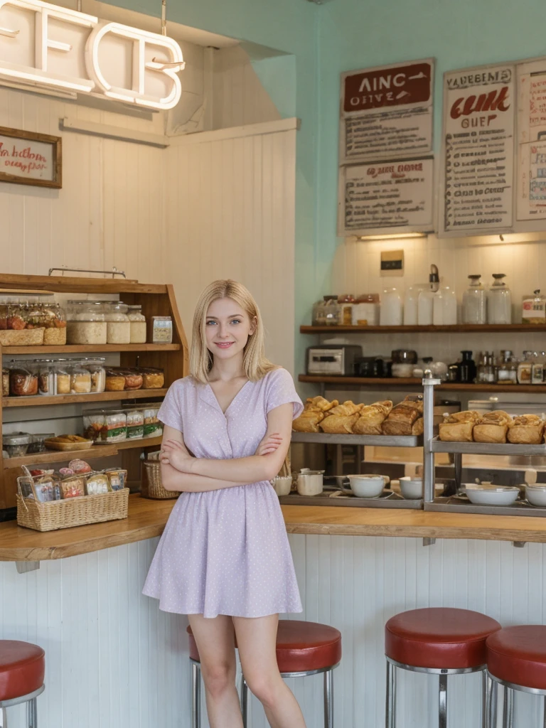 her name is Marie, high quality, 1girl, ((20-year-old fit Caucasian woman)), ((20 years old)), ((fit)), ((pale skin tone)), medium length straight blonde hair , wearing Pastel Lavender Linen Wrap Dress, pose: standing, background: Write about the nostalgic feel of a vintage diner, with neon signs, vinyl booths, and a counter lined with stools, where locals gather for hearty breakfasts and milkshakes.