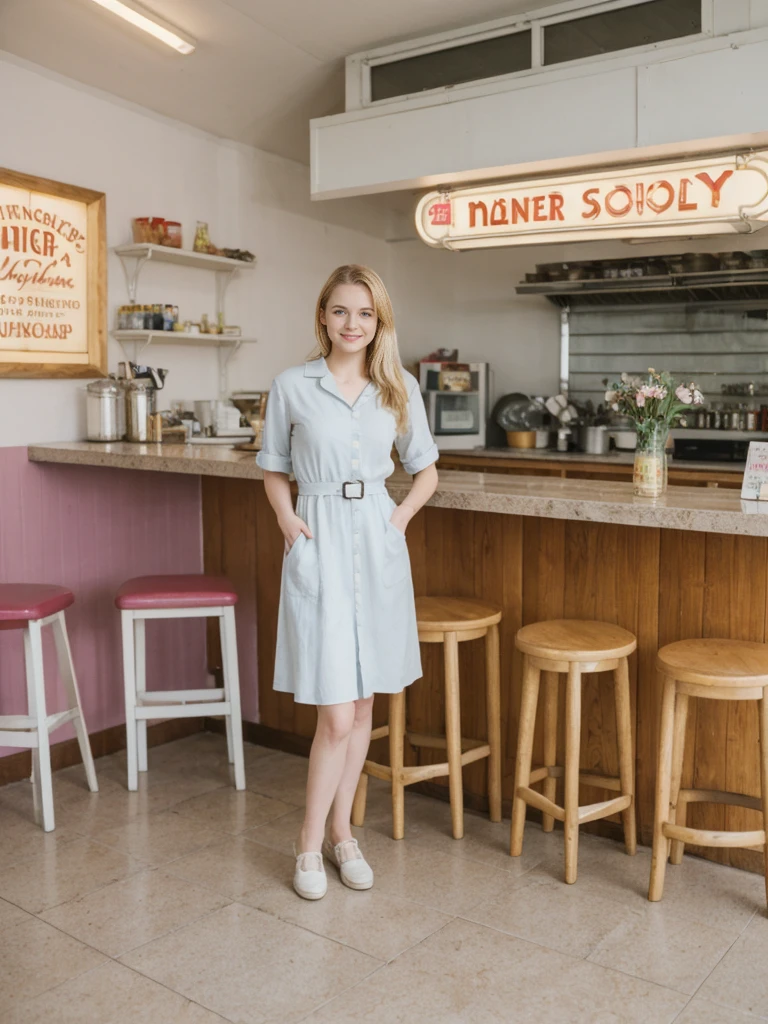 her name is Marie, high quality, 1girl, ((20-year-old fit Caucasian woman)), ((20 years old)), ((fit)), ((pale skin tone)), medium length straight blonde hair , wearing Pastel Lavender Linen Wrap Dress, pose: standing, background: Write about the nostalgic feel of a vintage diner, with neon signs, vinyl booths, and a counter lined with stools, where locals gather for hearty breakfasts and milkshakes.
