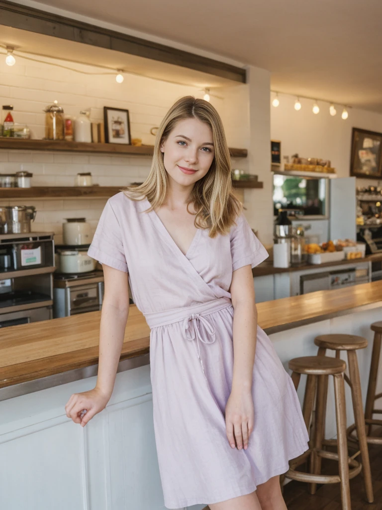 her name is Marie, high quality, 1girl, ((20-year-old fit Caucasian woman)), ((20 years old)), ((fit)), ((pale skin tone)), medium length straight blonde hair , wearing Pastel Lavender Linen Wrap Dress, pose: standing, background: Write about the nostalgic feel of a vintage diner, with neon signs, vinyl booths, and a counter lined with stools, where locals gather for hearty breakfasts and milkshakes.