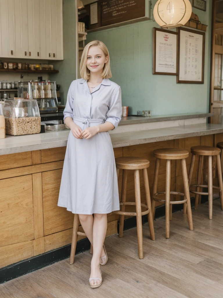 her name is Marie, high quality, 1girl, ((20-year-old fit Caucasian woman)), ((20 years old)), ((fit)), ((pale skin tone)), medium length straight blonde hair , wearing Pastel Lavender Linen Wrap Dress, pose: standing, background: Write about the nostalgic feel of a vintage diner, with neon signs, vinyl booths, and a counter lined with stools, where locals gather for hearty breakfasts and milkshakes.