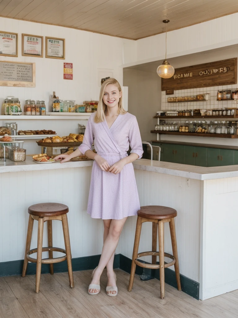 her name is Marie, high quality, 1girl, ((20-year-old fit Caucasian woman)), ((20 years old)), ((fit)), ((pale skin tone)), medium length straight blonde hair , wearing Pastel Lavender Linen Wrap Dress, pose: standing, background: Write about the nostalgic feel of a vintage diner, with neon signs, vinyl booths, and a counter lined with stools, where locals gather for hearty breakfasts and milkshakes.