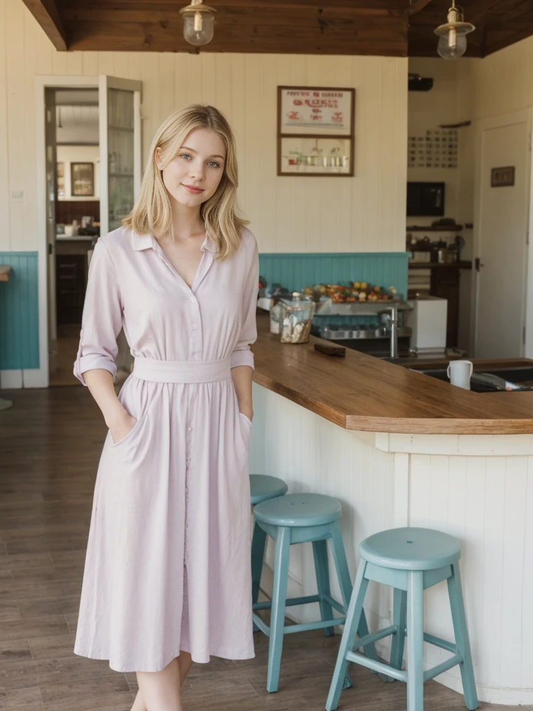 her name is Marie, high quality, 1girl, ((20-year-old fit Caucasian woman)), ((20 years old)), ((fit)), ((pale skin tone)), medium length straight blonde hair , wearing Pastel Lavender Linen Wrap Dress, pose: standing, background: Write about the nostalgic feel of a vintage diner, with neon signs, vinyl booths, and a counter lined with stools, where locals gather for hearty breakfasts and milkshakes.