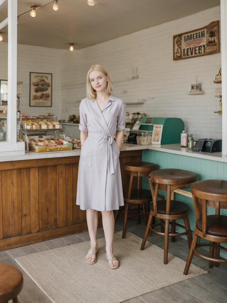 her name is Marie, high quality, 1girl, ((20-year-old fit Caucasian woman)), ((20 years old)), ((fit)), ((pale skin tone)), medium length straight blonde hair , wearing Pastel Lavender Linen Wrap Dress, pose: standing, background: Write about the nostalgic feel of a vintage diner, with neon signs, vinyl booths, and a counter lined with stools, where locals gather for hearty breakfasts and milkshakes.