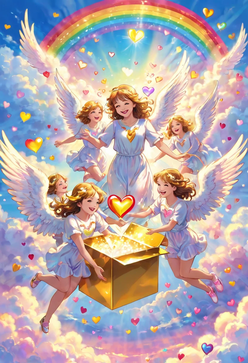 Smiling angels handing out hearts, colorful hearts overflowing from a golden box, sky, joy, above the clouds, heaven, rainbow light hearts, joy, sharing, perfect face, perfect hands, perfect legs