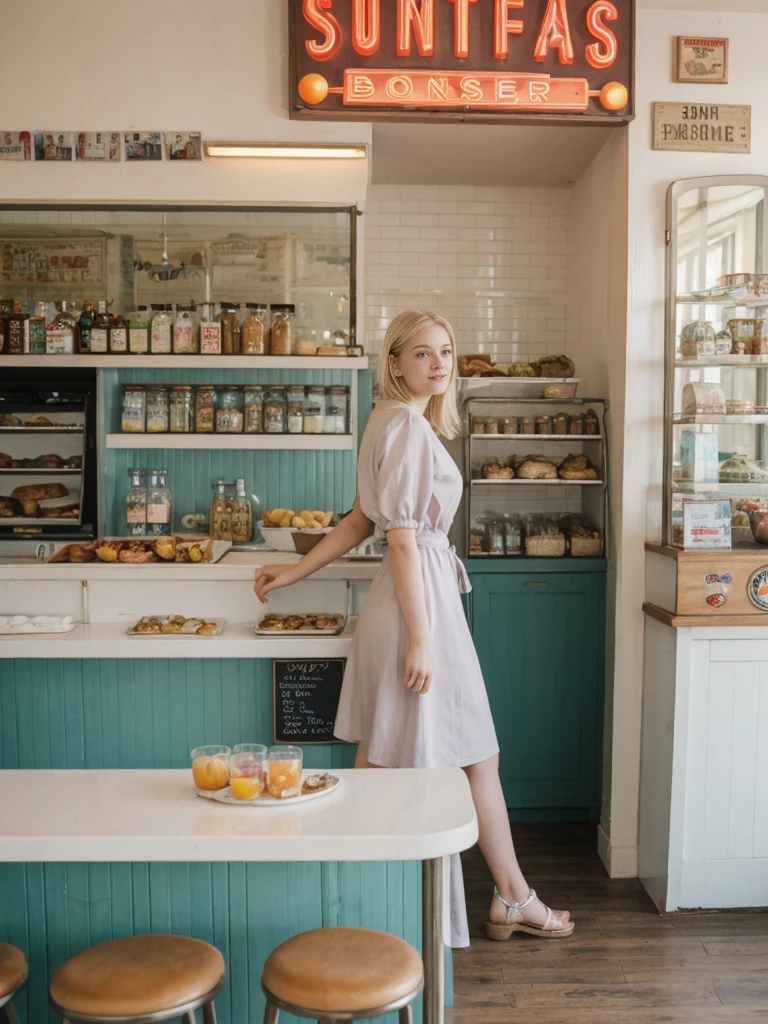 her name is Marie, high quality, 1girl, ((20-year-old fit Caucasian woman)), ((20 years old)), ((fit)), ((pale skin tone)), medium length straight blonde hair , wearing Pastel Lavender Linen Wrap Dress, pose: standing, background: Write about the nostalgic feel of a vintage diner, with neon signs, vinyl booths, and a counter lined with stools, where locals gather for hearty breakfasts and milkshakes.