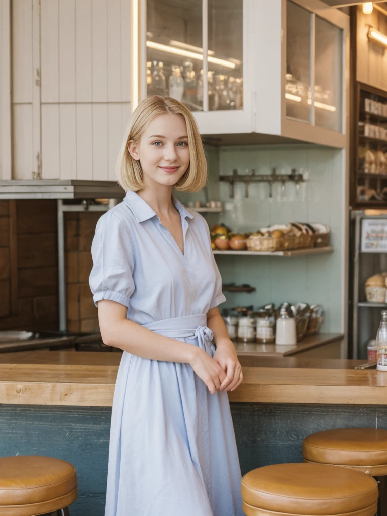 her name is Marie, high quality, 1girl, ((20-year-old fit Caucasian woman)), ((20 years old)), ((fit)), ((pale skin tone)), medium length straight blonde hair , wearing Pastel Lavender Linen Wrap Dress, pose: standing, background: Write about the nostalgic feel of a vintage diner, with neon signs, vinyl booths, and a counter lined with stools, where locals gather for hearty breakfasts and milkshakes.