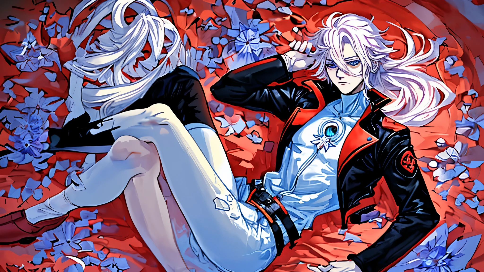 anime model of a boy beautiful like flowers with his bright blue eyes and beautiful like diamonds, hair blue like the sea, and his face carved by the angels themselves and he wears a black leather jacket, along with jeans and pure black leather shoes.