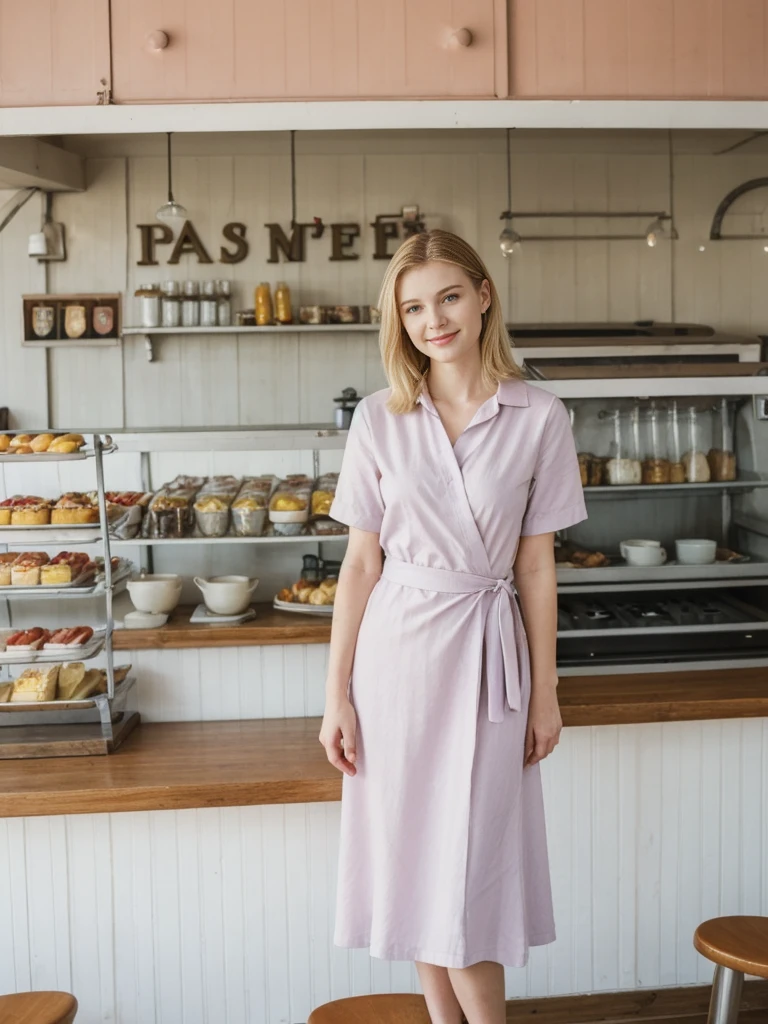 her name is Marie, high quality, 1girl, ((20-year-old fit Caucasian woman)), ((20 years old)), ((fit)), ((pale skin tone)), medium length straight blonde hair , wearing Pastel Lavender Linen Wrap Dress, pose: standing, background: Write about the nostalgic feel of a vintage diner, with neon signs, vinyl booths, and a counter lined with stools, where locals gather for hearty breakfasts and milkshakes.