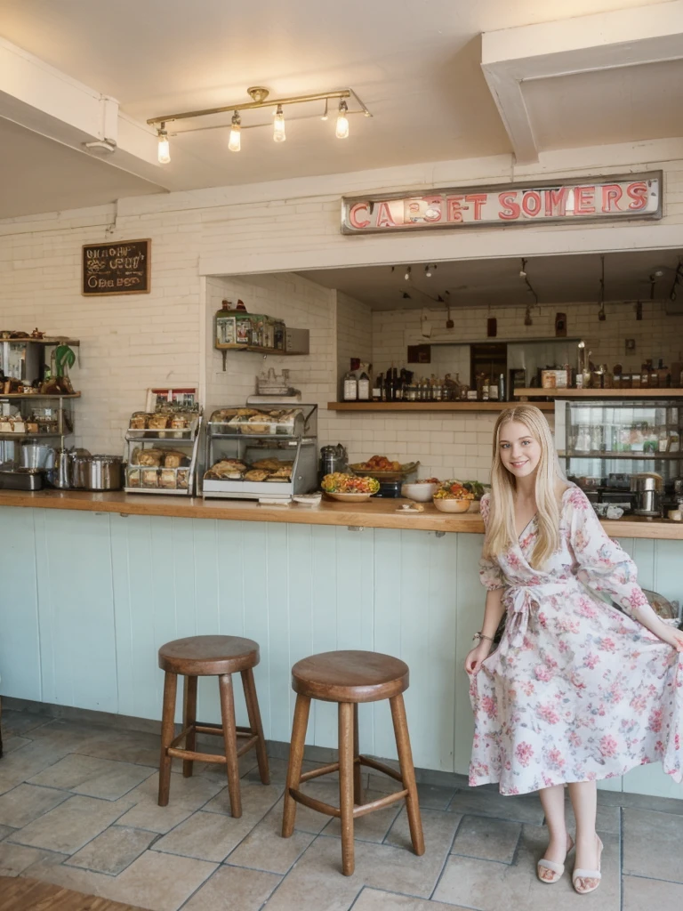 her name is Marie, high quality, 1girl, ((20-year-old fit Caucasian woman)), ((20 years old)), ((fit)), ((pale skin tone)), medium length straight blonde hair , wearing Pastel Lavender Linen Wrap Dress, pose: standing, background: Write about the nostalgic feel of a vintage diner, with neon signs, vinyl booths, and a counter lined with stools, where locals gather for hearty breakfasts and milkshakes.