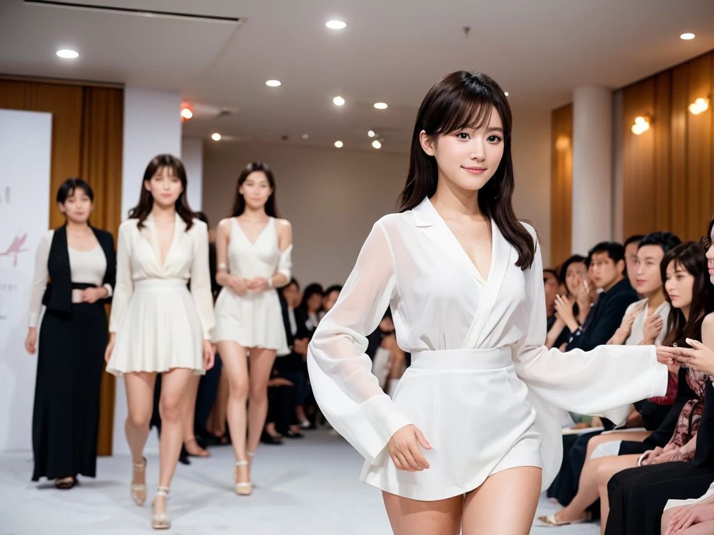 A live-action photo of an extremely beautiful Japanese high school girl race queen who highlights her large breasts and beautiful legs.、Photographed walking down the runway at a fashion show wearing the latest oysho lingerie.、She is an eternal idol who combines a clean look with modern charm.。 She creates such beauty。 She feels her own warmth。 She creates a warm atmosphere。 We create beauty。 That's what I want to say。 In her full body photo、The figure features porcelain-like skin and golden hair that radiates a soft glow.。 This is probably、It captured the essence of her timeless charm.、This is the best shot ever.。 Each straight line and curve is carefully expressed.、Breathtakingly beautiful with impeccable detail。 This piece perfectly captures her timeless beauty.。 Divine Proportions、Sharp focus、Full-body photo taken by Kishin Shinoyama、high quality、High resolution、Detailed Background