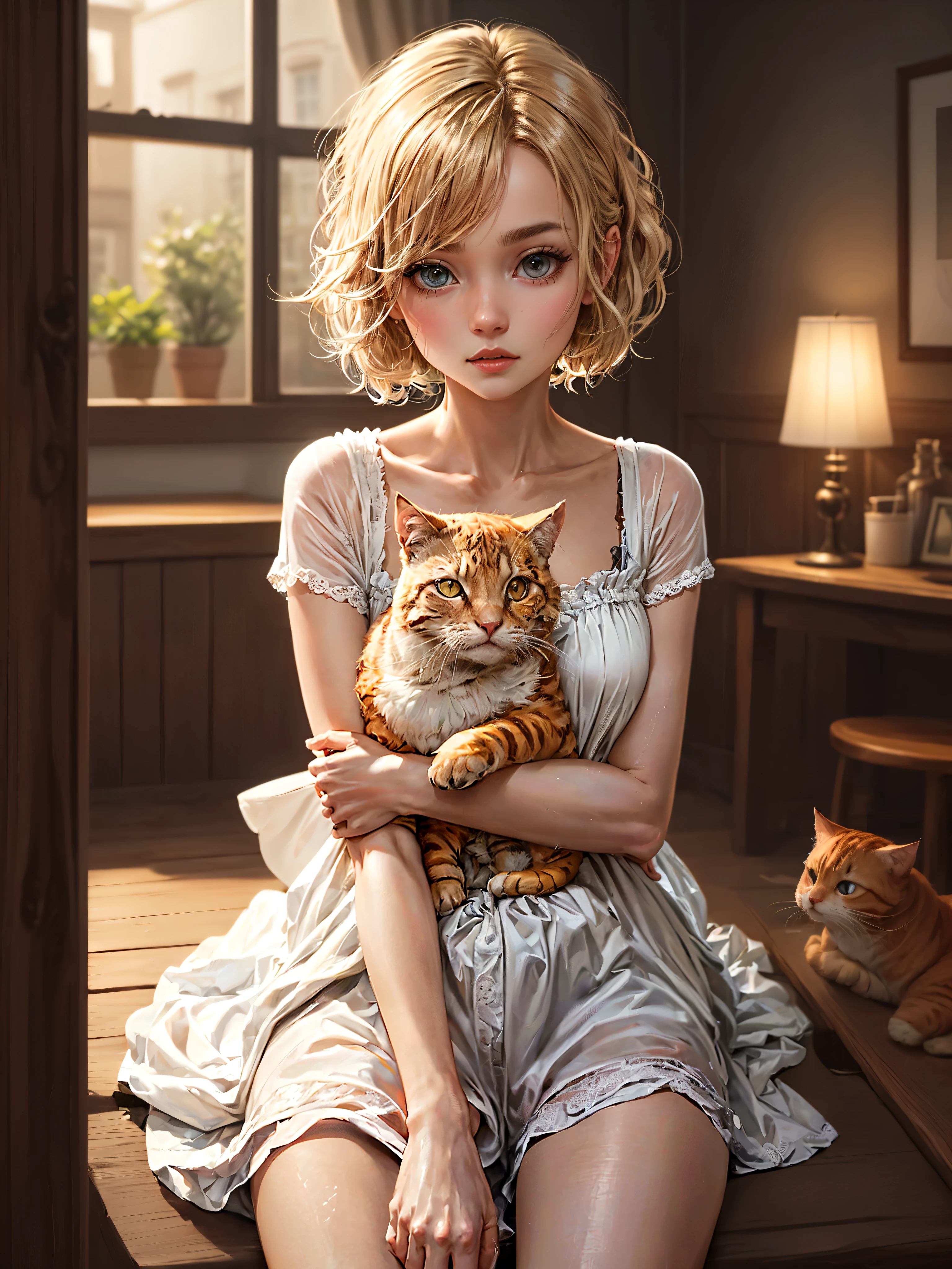 A beautiful girl short hair clean blonde with gray eyes, beautiful white dress, cute orange cat, affection, love, cozy atmosphere, natural light.