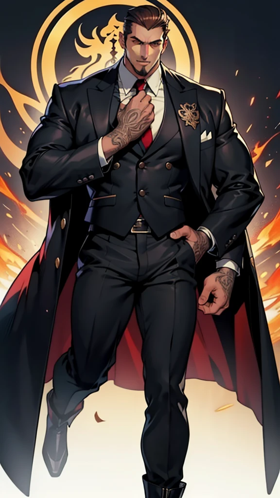 super details,high quality,master piece,A tall boy,Handsome face,Short black coat,long trousers,Martin boots,American style,Mafia, male, 45 years old, exuding a dangerous aura, white skin, well-proportioned figure, handsome face, white skin, strong physique, red eyes, brown hair, prominent eyebrows, intricate and detailed retro gun tattoos on both arms, black jacket, pants and gloves, and a stern face. A cigar is biting on his mouth, anime