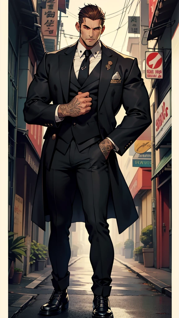 super details,high quality,master piece,A tall boy,Handsome face,Short black coat,long trousers,Martin boots,American style,Mafia, male, 45 years old, exuding a dangerous aura, white skin, well-proportioned figure, handsome face, white skin, strong physique, red eyes, brown hair, prominent eyebrows, intricate and detailed retro gun tattoos on both arms, black jacket, pants and gloves, and a stern face. A cigar is biting on his mouth, anime